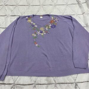 Vintage Adrian Delafield Lavender Floral Embroidered V-Neck Sweater Size XL